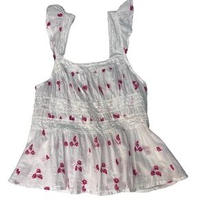 Free People Chic White Blouse with Red Floral Accents Sz XS